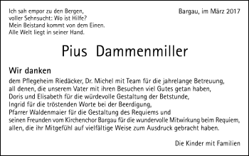 Traueranzeige von Pius Dammenmiller von Gmünder Tagespost