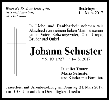 Traueranzeige von Johann Schuster von Gmünder Tagespost