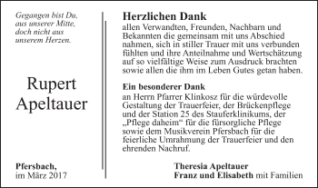 Traueranzeige von Rupert Apeltauer von Gmünder Tagespost