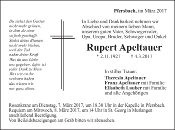 Traueranzeige von Rupert Apeltauer von Gmünder Tagespost