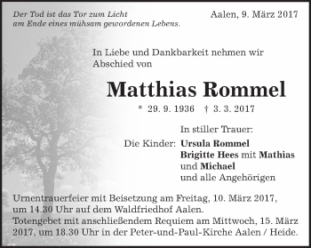 Traueranzeige von Matthias Rommel von Schwäbische Post