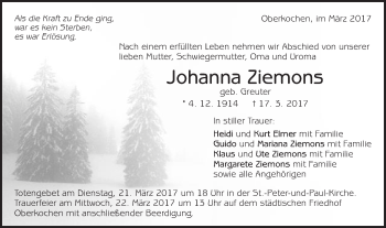 Traueranzeige von Johanna Ziemons von Schwäbische Post