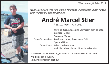 Traueranzeige von André Marcel Stier von Schwäbische Post