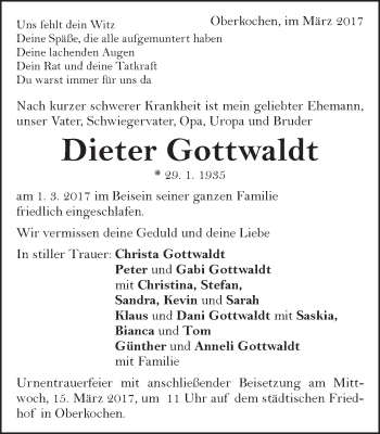 Traueranzeige von Dieter Gottwald von Amtsblatt_Oko