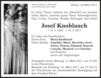 Traueranzeige von Josef Knoblauch von Schwäbische Post