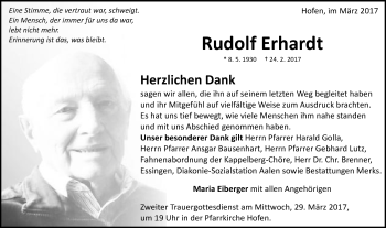 Traueranzeige von Rudolf Erhardt von Schwäbische Post