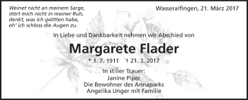 Traueranzeige von Margarete Flader von Schwäbische Post