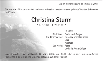 Traueranzeige von Christina Sturm von Schwäbische Post