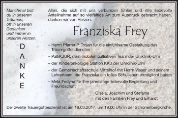 Traueranzeige von Franziska Frey von Schwäbische Post