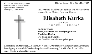 Traueranzeige von Elisabeth Kurka von Schwäbische Post