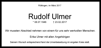 Traueranzeige von Rudolf Ulmer von Schwäbische Post