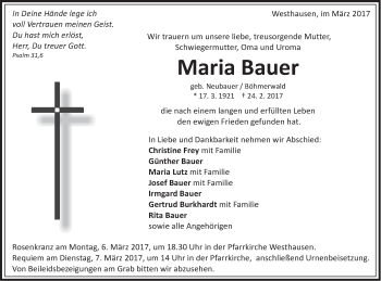 Traueranzeige von Maria Bauer von Schwäbische Post