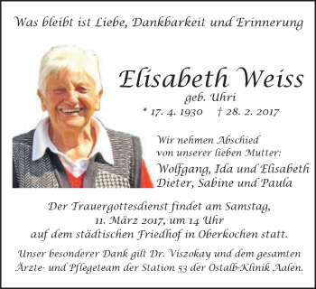 Traueranzeige von Elisabeth Weiss von Amtsblatt_Oko