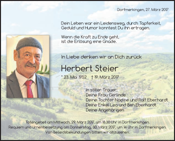 Traueranzeige von Herbert Steier von Schwäbische Post