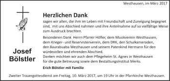 Traueranzeige von Josef Bölstler von Schwäbische Post