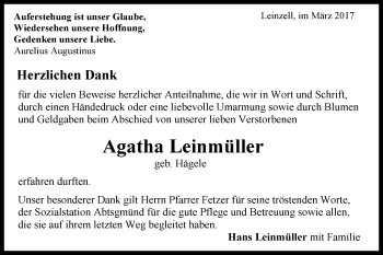 Traueranzeige von Agatha Leinmüller von Gmünder Tagespost