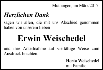 Traueranzeige von Erwin Weischedel von Gmünder Tagespost