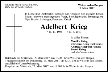Traueranzeige von Adelbert Krieg von OstalbTrauer