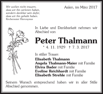 Traueranzeige von Peter Thalmann von Schwäbische Post