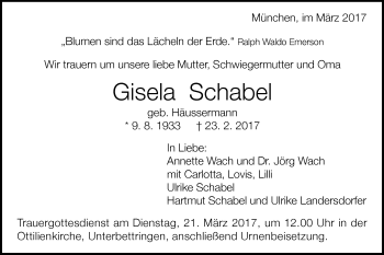 Traueranzeige von Gisela Schabel von Gmünder Tagespost