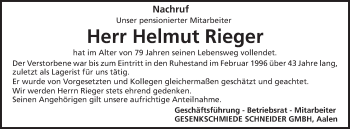 Traueranzeige von Helmut Rieger von Schwäbische Post