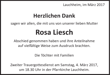 Traueranzeige von Rosa Liesch von Schwäbische Post
