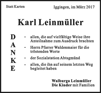Traueranzeige von Karl Leinmüller von Gmünder Tagespost