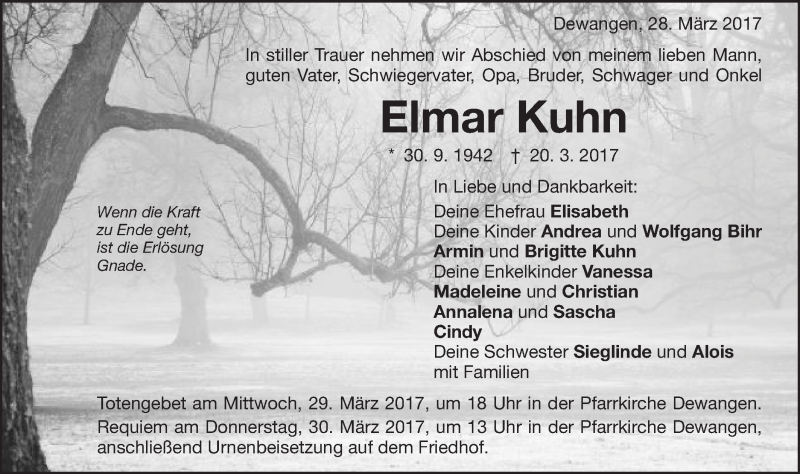  Traueranzeige für Elmar Kuhn vom 28.03.2017 aus Schwäbische Post