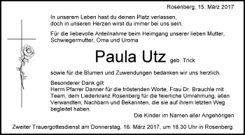 Traueranzeige von Paula Utz von Schwäbische Post