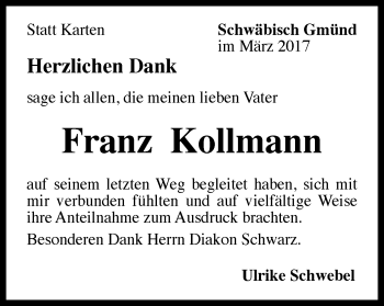 Traueranzeige von Franz Kollmann von Gmünder Tagespost