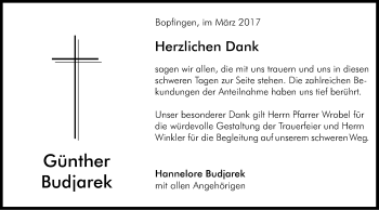 Traueranzeige von Günther Budjarek von Schwäbische Post