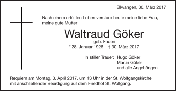 Traueranzeige von Waltraud Göker von Schwäbische Post