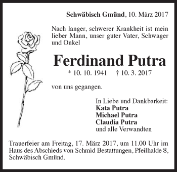 Traueranzeige von Ferdinand Putra von Gmünder Tagespost
