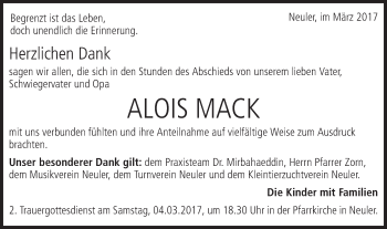 Traueranzeige von Alois Mack von Schwäbische Post