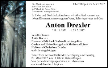 Traueranzeige von Anton Drexler von Schwäbische Post