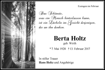 Traueranzeige von Berta Holtz von Schwäbische Post