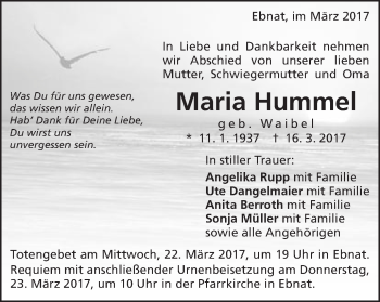Traueranzeige von Maria Hummel von Schwäbische Post