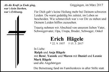 Traueranzeige von Erich Hägele von Gmünder Tagespost