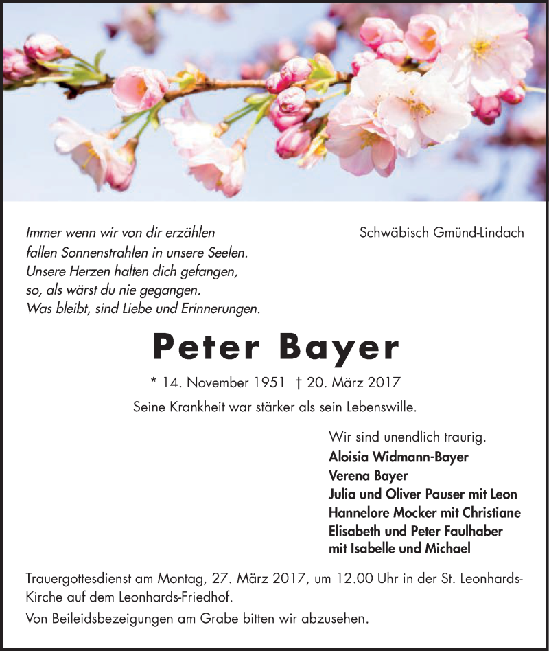  Traueranzeige für Peter Bayer vom 22.03.2017 aus Gmünder Tagespost