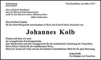 Traueranzeige von Johannes Kolb von Gmünder Tagespost