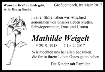 Traueranzeige von Mathilde Weigelt von Gmünder Tagespost
