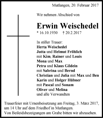 Traueranzeige von Erwin Weischedel von Gmünder Tagespost