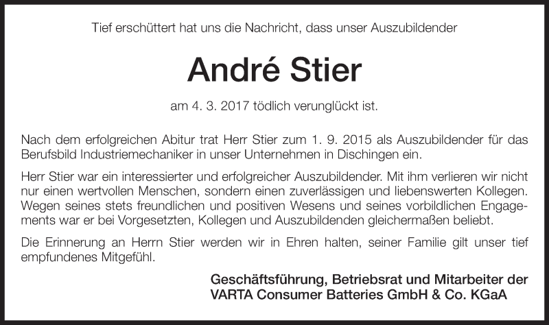  Traueranzeige für André Stier vom 09.03.2017 aus Schwäbische Post