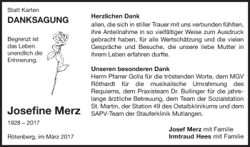 Traueranzeige von Josefine Merz von Schwäbische Post