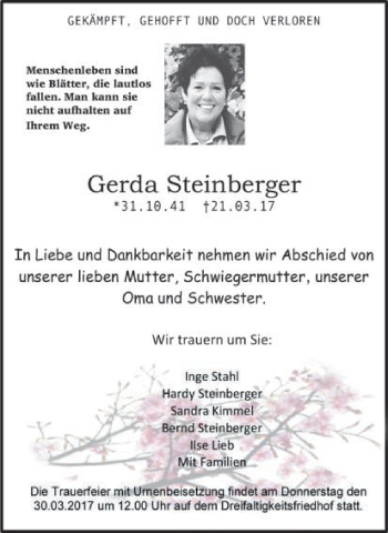 Traueranzeige von Gerda Steinberger von Gmünder Tagespost