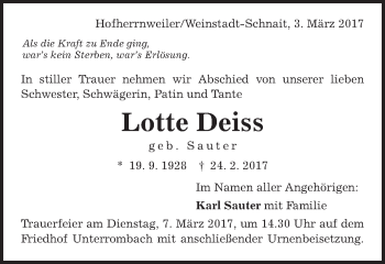 Traueranzeige von Lotte Deiss von Schwäbische Post