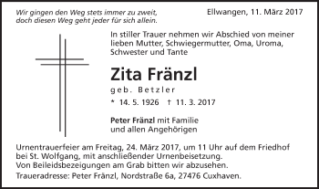 Traueranzeige von Zita Fränzl von Schwäbische Post