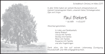 Traueranzeige von Paul Biekert von Gmünder Tagespost