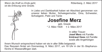 Traueranzeige von Josefine Merz von Schwäbische Post