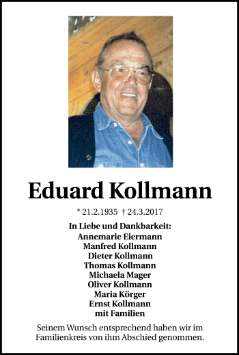 Traueranzeige von Eduard Kollmann von Gmünder Tagespost